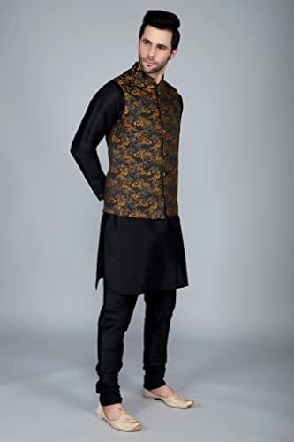 Ethluxis® Men's Silk Blend Kurta Churidar Pyjama with Ethnic Bundi Jacket Set