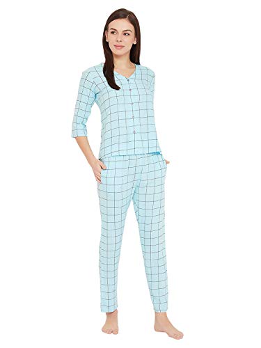 Image of Clovia Women's Rayon Classy Checks Printed Button Shirt & Pyjama Set