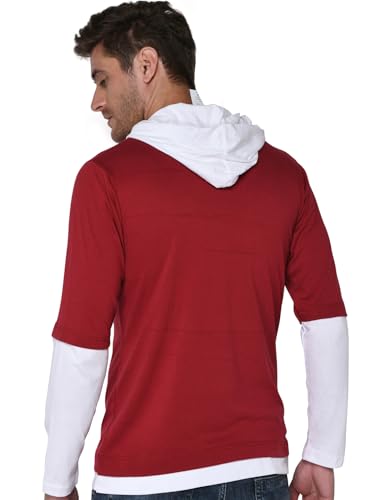Image of The SV Style Men's Layered Long Sleeve Hoodie, Red and White, Cotton Blend, Casual Pullover