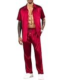 LecGee Men's Satin 2 Piece Outfits Lapel Short Sleeve Tracksuit Button Tops Jogger Pants Set With Pocket Prom Club Party(Red,L)