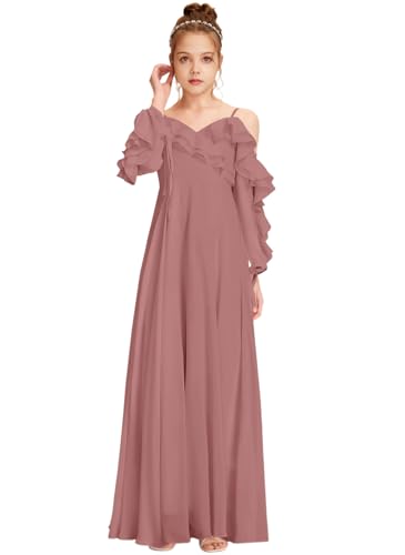 Off Shoulder Junior Bridesmaid Dresses with Sleeves Long A Line Ruched Ruffles Chiffon Flower Girl Dress for Wedding