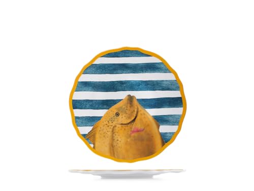 H&H, Set 6 Piatti Frutta Marea in Melamina Decorata – Ø23 cm – Righe Bianche e Ottanio, Bordo Giallo, Decoro Pesce – Lavabili in Lavastoviglie