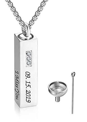 YokeDuck Custom Vertical Bar Urn Necklace Personalized, Engraved Name Necklace Cremation Ashes Keepsake Pendant Crystal Memorial Jewelry for Men, Women