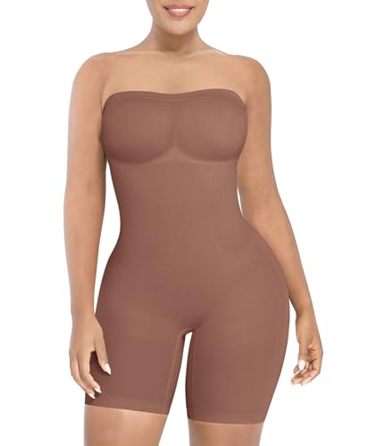 Image of SHAPELLX Women's Shapewear Bodysuits Tummy Control Butt Lifter Body Shaper Strapless Seamless Mid Thigh Jumpsuit Tops