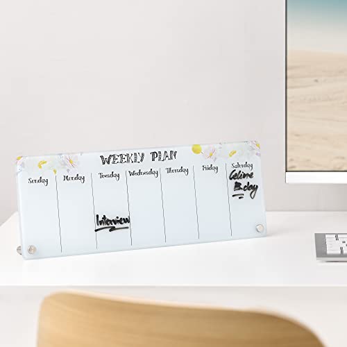 Navaris Weekly Whiteboard Planner - Small Dry Erase Glass Whiteboard To Do Calendar For Office Desk Dry Erase Schedule Board - 16 X 6 Inches - Flowers #TOP1