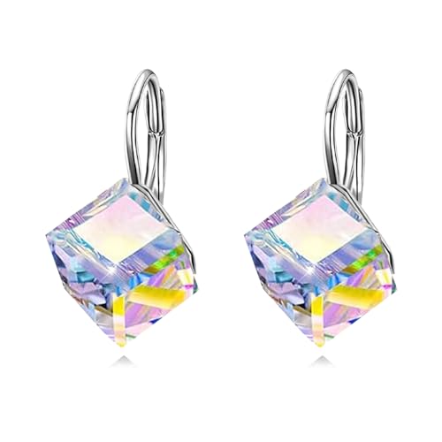 AOBOCO Sterling Silver Leverback Earrings Embellished with Crystals from Austria, Hypoallergenic 8mm Cube Crystal Square Earrings, Fine Anniversary Birthday Jewelry Gifts for Women
