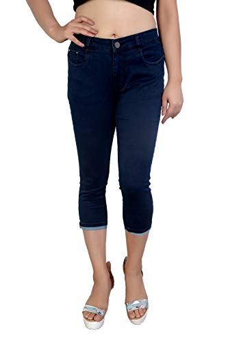 Image of FCK-3 Stretchable Denim Solid Mid Waist Knee Length Button Closure 5 Pocket Capree for Women