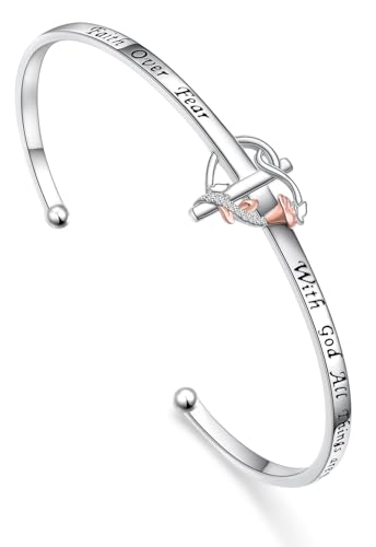 Ladytree Cross Cuff Bracelet for Women Faith over Fear Bangle 925 Sterling Silver with God All Things are Possible Christian Confirmation Jewelry Gift