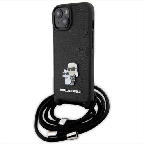 KARL LAGERFELD KLHCP15SSAKCPSK Coque pour iPhone 15 6,1" Coque Rigide Noir Crossbody Saffiano Metal Pin Karl & Choupette
