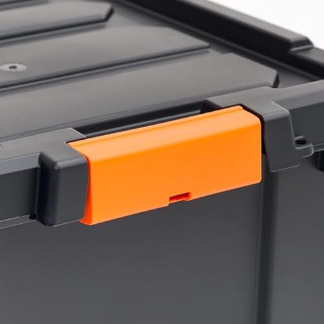 Heavy Duty Storage Container, 5 Gallon Capacity, Stackable Plastic Tote with Locking Lid, 18x12x10 inches, Black/Orange