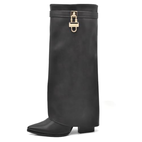 IF FASHION Stivali Alti A Punta Gambale A Ghetta Con Tacco Zip Cerniera Luchetto Da Donna A9532 Nero N.39