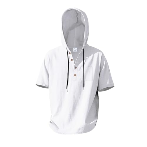 Linen Shirts for Men Lightweight Button Up Short Sleeve Shirts with Hood Loose Fit Breathable Boho Beach Linen Hoodie3