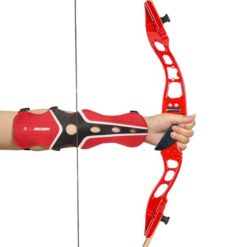 Bogenschießen Armschutz,30cm Verstellbarer 4-Gurte Schnallen Armschutz ür Bogenschützen Jagd und Zielschießen (Rot)