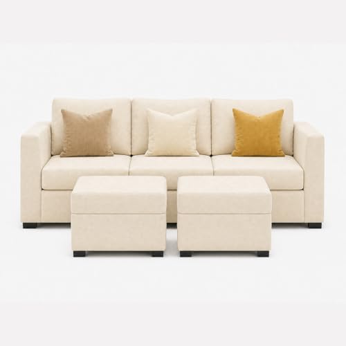 Image of FURNY Revona 5 Seater L Shape Sofa Set with 2 Movable Ottoman | Flexible Left or Right Layout | Plush Velvet Fabric (Cream) | Perfect for Living Room, Guest Room & Office