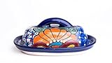 MEXTEQUIL - Butter Dish Ceramic Talavera with Lid Hand Painted Authentic Mexican Pottery Kitchen Floral Design (Blue)