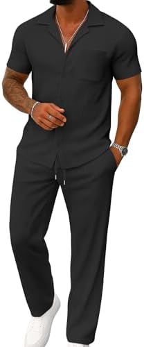 UOUA Mens Summer 2 Piece Set Casual Outfits Button Short Sleeve S...