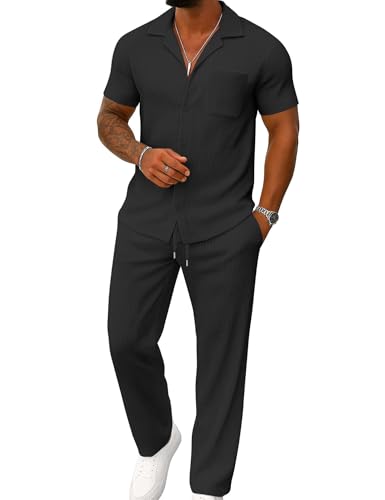 UOUA Men's 2 Piece Outfit Casual Short Sleeve Button Down