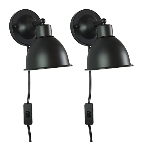 Modern Adjustable Study Wall Sconce, Set of Two, Swing Arm Reading Light for Bedroom, Bathroom, Kitchen, Home Office. Plug in or Hardwired. (Matte Black)