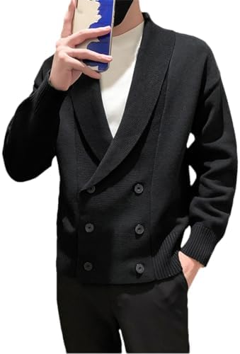 Double-breasted Knit cardigan（black） Men Double Breasted Cardigan Sweater Long Sleeve Solid V