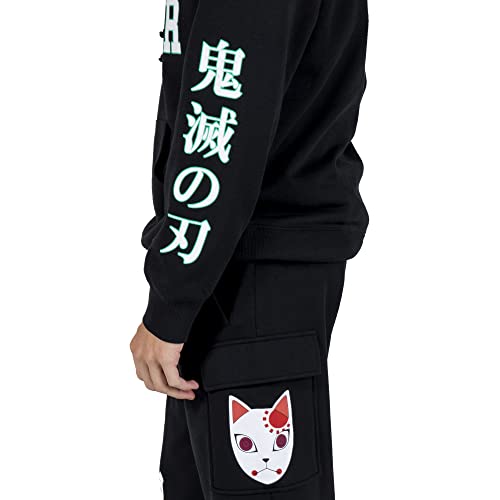 Bioworld Demon Slayer Varsity Text Cat Mask Men's Black Hoodie & Jogger Set3