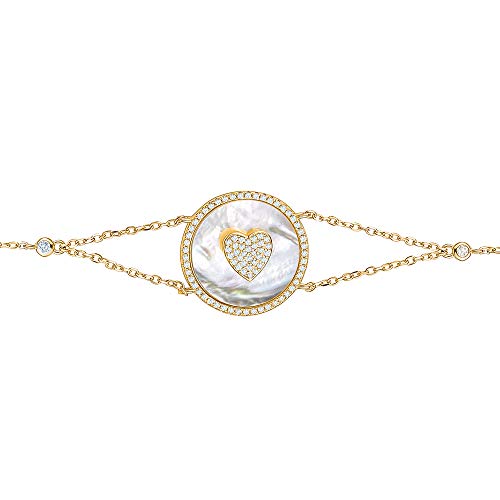 Image of Sterling Silver Bracelet Heart in Circle Disc Mother of Pearl Simulated Diamonds Double Chain 7.5 inch