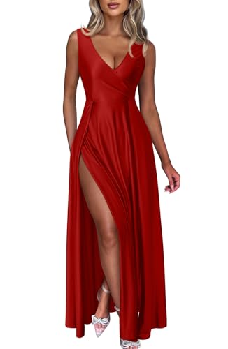 Memoriesea Women's Sexy V Neck Sleeveless High Split Evening Cocktail Maxi Dress