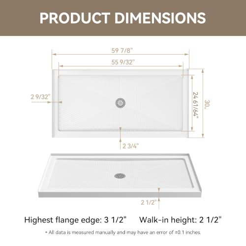 Image of HOROW 60 inch x 30 inch Shower Base, Center Drain Shower Pan, Low Profile Acrylic Base with Reinforced Fiberglass, Non-Slip Surface, Stainless Steel Drain Cover, Leak-Resistant for Bathroom