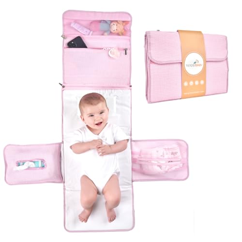 TENDS Cambiador bebe portatil XL ideal como regalo para recién nacido-El cambiador plegable impermeable de pañales es un bolso desmontable con 6 bolsillos como neceser para artículos de bebé