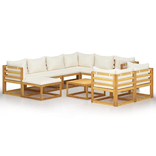 Juego de muebles de jardín con cojines de madera maciza de acacia, 10 piezas, color crema