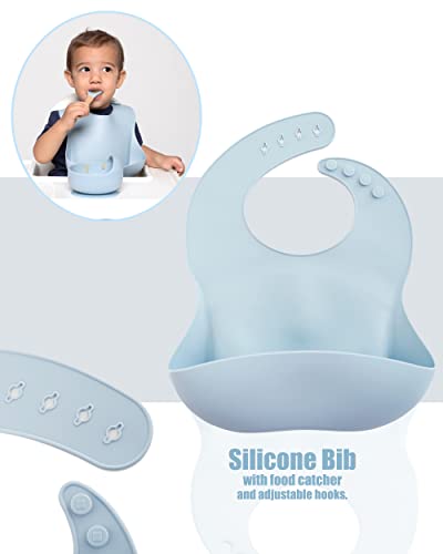 BabyFeed Silicone Bib Feeding set 6 pcs food catcher bib suction plate with feeding bowl utencils drinking baby cup (Sailor Blue) - Thumbnail 2