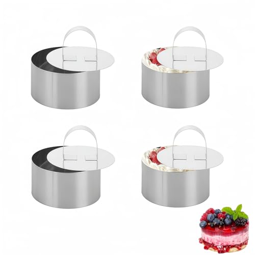 QHFlashbuy 4-Piece Stainless Steel Cake Ring Set, 8CM Non-Stick Cooking Rings with Pusher for Perfect Crumpets, Eggs, Pastries, and Mousse Desserts