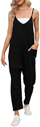 DEEP SELF Jumpsuits for Women, Wide Leg Summer Casual Spaghetti Strap Deep V Neck Overalls with Pockets (Medium, Black)