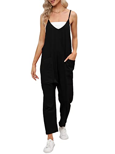 Deep Self Jumpsuits For Women, Wide Leg Summer Casual Spaghetti Strap Deep V Neck Overalls With Pockets (Medium, Black) #TOP1