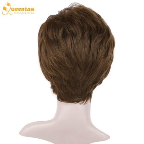 Image of 8 inch Layered Curl Synthetic Pixie Cut Wig for Women with Bangs Chestnut Brown