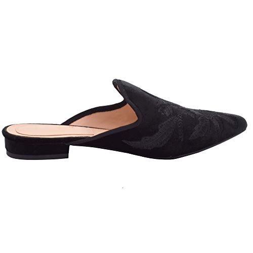 Image of Fericzot Women's Velvet Backless Pointed Toe Slip On Loafers Flats Embroidery Mule Slippers Shoes