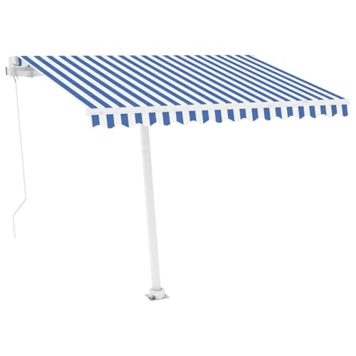 HOMELEN Standmarkise Manuell Einziehbar 300x250 cm Blau/Weiß, Markise Balkon Ohne Bohren, mit Handkurbel Alu-Markise UV-Beständig Höhenverstellbar & Wasserabweisend | Sonnenschutz Für Laden