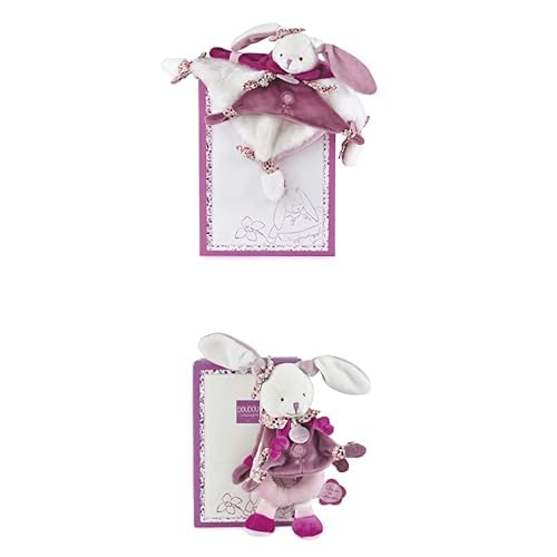 Doudou et Compagnie - Lot : 1 Doudou Plat Lapin Cerise + 1 Hochet Cerise Le Lapin - Cadeau Naissance Fille - Doudous Adorables et Extra Doux - Garantie Doudou Perdu