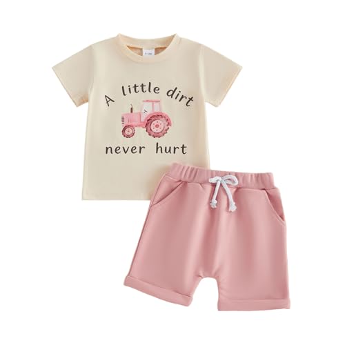 Tsultryofs Toddler Baby Girl Summer Clothes Letter Graphic Print Short Sleeve T-Shirt Tops and Shorts 6 12 18 24M 2 3T Set (Tractor Apricot 12-18 Months)