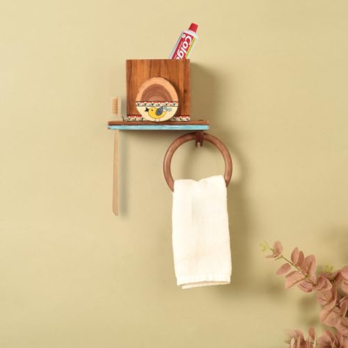 Image of AAKRITI ART CREATIONS Modern Art Teak Wood Towel Holder | Handcrafted Brushing Essentials Holder | Matte Finish Brown Wall Mounted Towel Holder for Bath & Wash Area