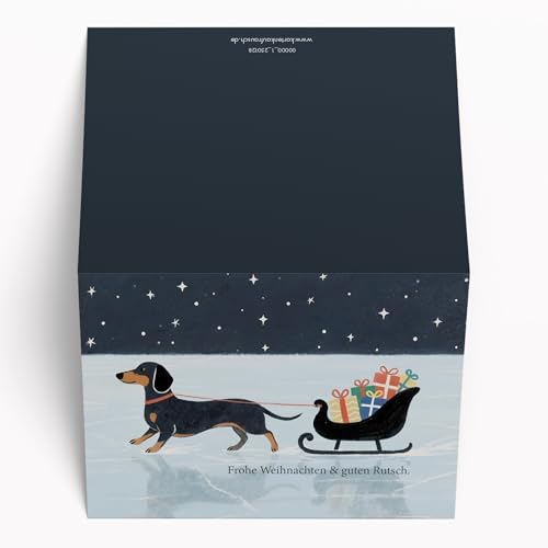 Witzige Dackel Weihnachtskarte – originelle Klappkarte Frohe Weihnachten & guten Rutsch, Hund mit Schlitten, inkl. Umschlag & weißem Einleger