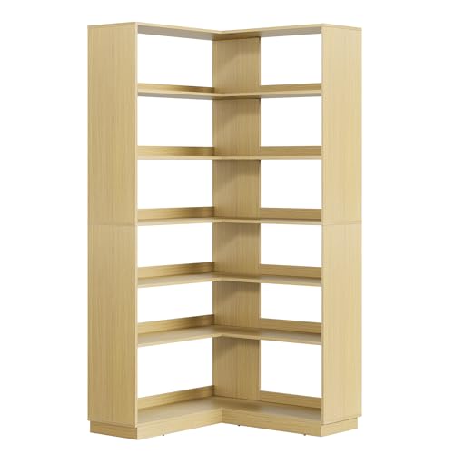 Perledesign Corner Book Shelf, 6 Tier 73 Inch Tall Corner Bookshelf with Open Storage, Wood L Shaped Bookcase Storage Display Rack for Home Office, Light Walnut