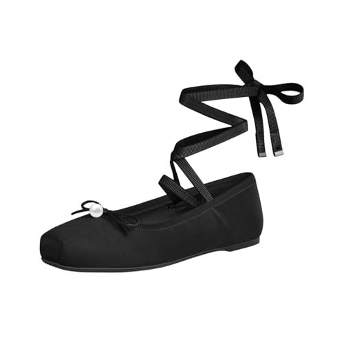 Vertundy Women's Ballet Flats Satin Closed Round Toe Lace Up Ballerina Flats Pearl Design Strappy Shoes
