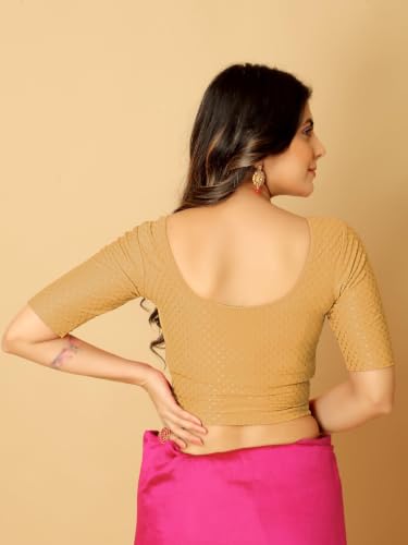 Image of Amazon Brand - Anarva Round Neck Dobby Cotton Lycra Stretchable Elbow Half Sleeve Readymade Saree Blouse for Women Stylish