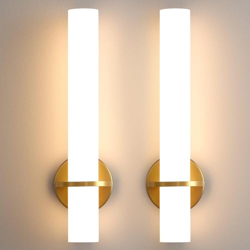 Image of Hardwired Wall Sconces Set of Two 18 Inch Gold Bathroom Wall Sconces 18W 2700K-5000K LED Dimmable Modern Wall Lights with Acrylic Lampshade Brushed Gold Sconces for Bedroom Living Room Hallway