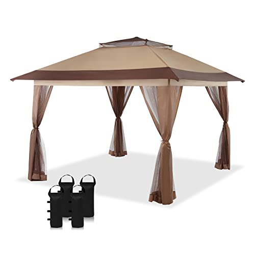 CROWN SHADES 13×13 Pop Up Gazebo, Patented One Push Outoor Canopy Tent with Wheeled STO-N-Go Cover Bag, Pop Up Canopy with Netting for Patio, Party, Backyard (13×13, Beige & Coffee)