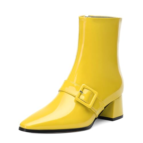 Women's Mid-Calf Boots, Women's Chunky Heeled Booties Patent Leather Buckle Square Toe Ankle Boots Mid Block Heel Short Boots 2 Inch