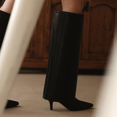 Knee High Boots Women Fold Over Boots Pointed Toe Stiletto Heel Long Shark Tall Boots with Zipper3