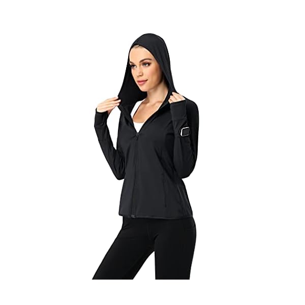 COOrun Workout Jacket Women Full Zip Hoodie Sportswear Athletic Running Track Jacket With Watch Thumb Hole Black-M