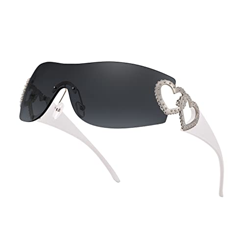 FEISEDY Y2K Rimless Sunglasses Heart for Women Men Around Wrap Fashion Futuristic 2000s Trendy Shield B2981