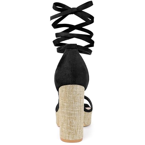 Allegra K Women's Platform Sandals Square Toe Black Chunky Heels Lace Up Sandals 8 M US